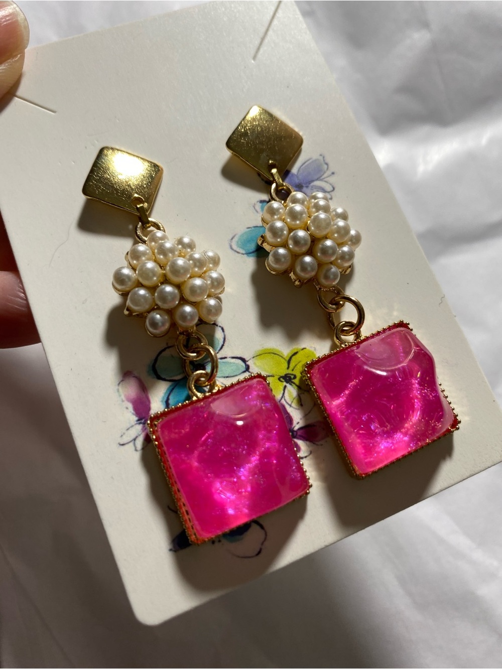 Gold Pearl Cluster Drop Earrings with Hot Pink Square Accent